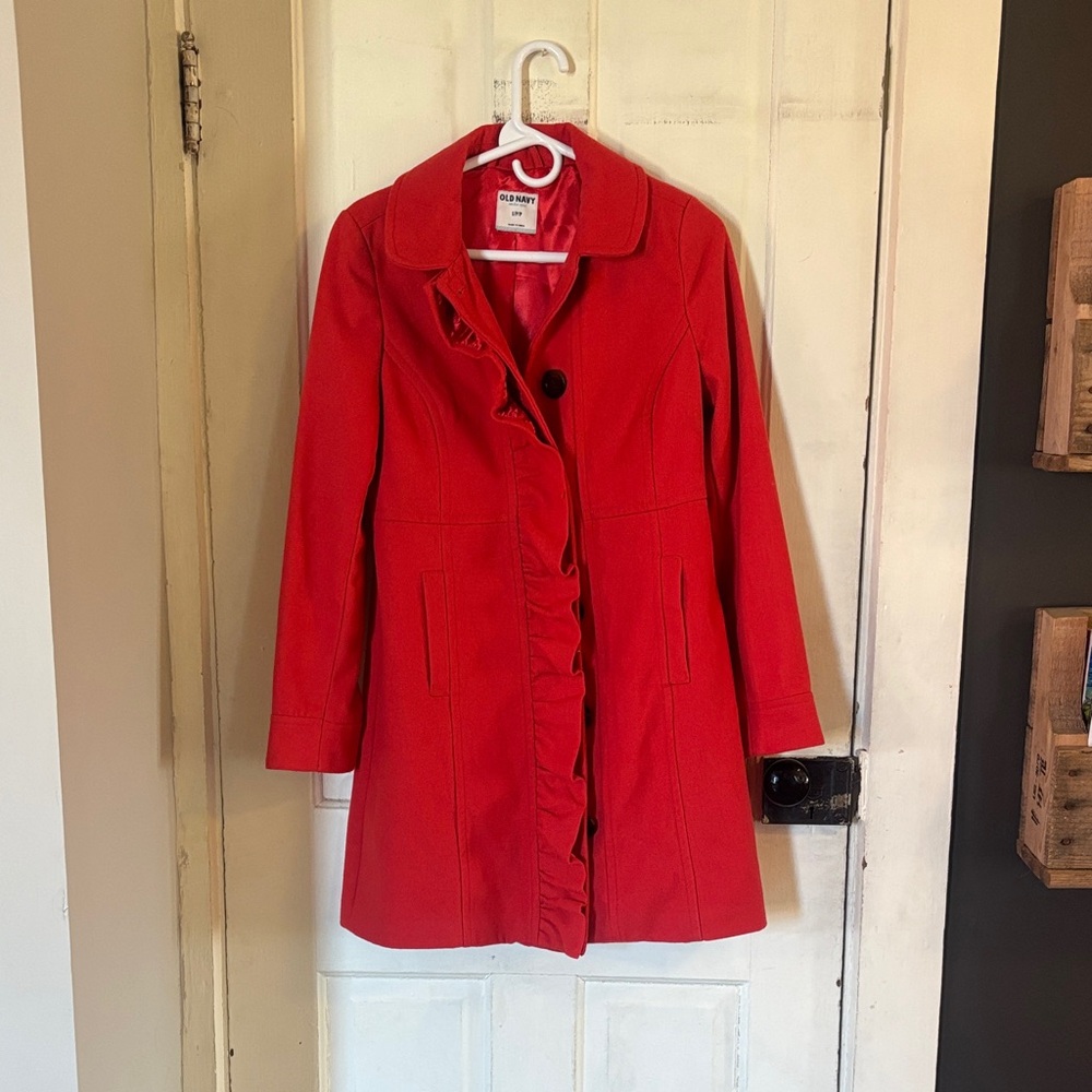 Old Navy Women's deep coral red Trench Coat with Ruffle Detail